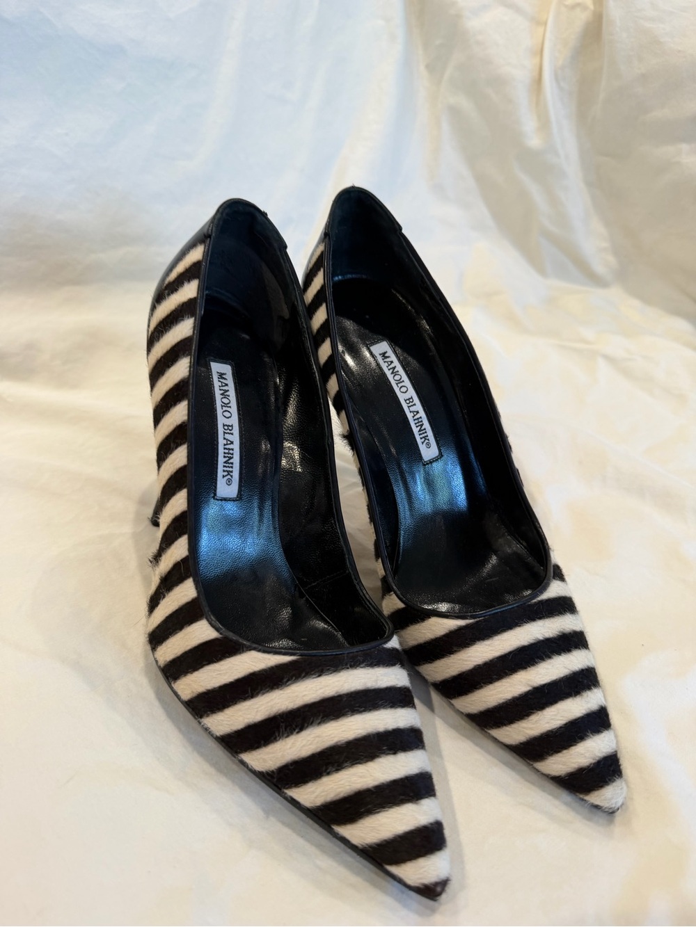 Manolo Blahnik Black and White Striped Pointed Pumps